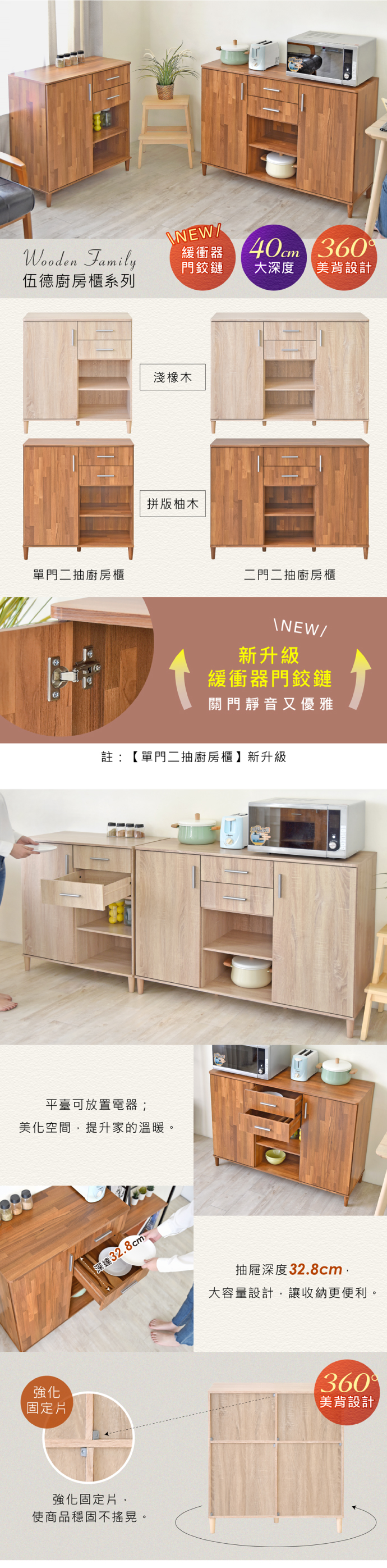 Wooden FamilyNEW緩衝器門鉸鏈 360大深度美背設計伍德廚房櫃系列淺橡木拼版柚木單門二抽廚房櫃二門二抽廚房櫃\NEW/新升級緩衝器門鉸鏈關門靜音又優雅註:【單門二抽廚房櫃】新升級平臺可放置電器;美化空間,提升家的溫暖強化固定片深達328cm 強化固定片,使商品穩固不搖晃。抽屜深度32.8cm.大容量設計,讓收納更便利。360美背設計