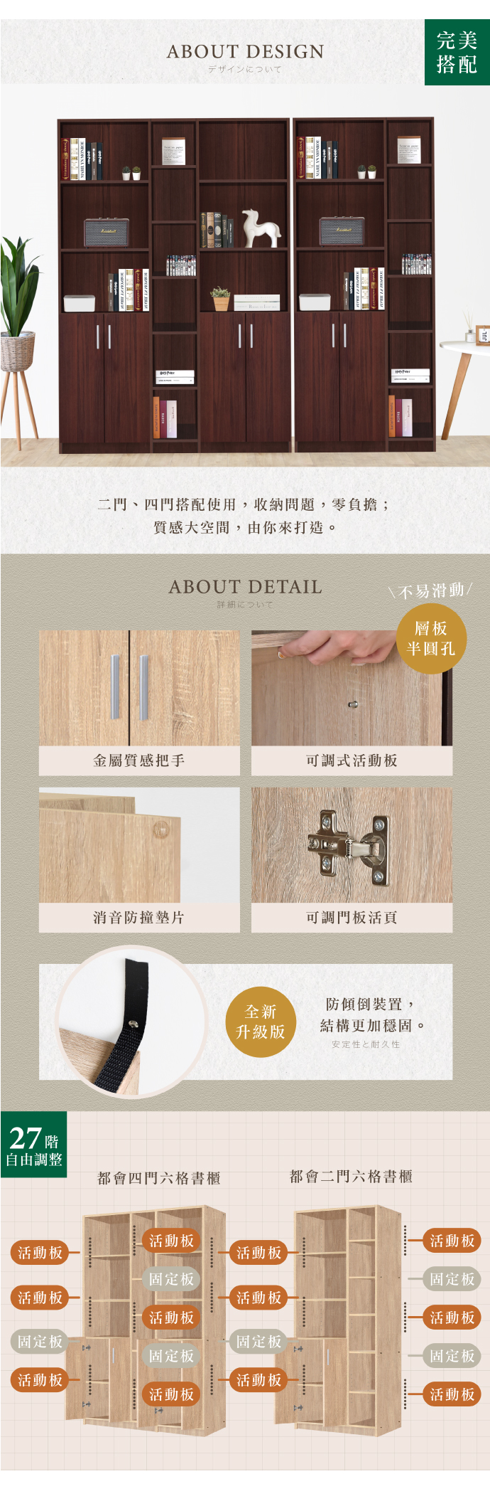完美ABOUT DESIGNデザインについて搭配二門、四門搭配使用,收納問題,零負擔;質感大空間,由你來打造。ABOUT DETAIL\不易滑動/詳細について層板半圓孔金屬質感把手可調式活動板消音防撞墊片可調門板活頁防傾倒裝置,全新升級版結構更加穩固。安定性と耐久性自由調整|都會四門六格書櫃都會二門六格書櫃活動板活動板活動板固定板活動板活動板活動板固定板固定板固定板活動板活動板活動板活動板固定板活動板固定板活動板