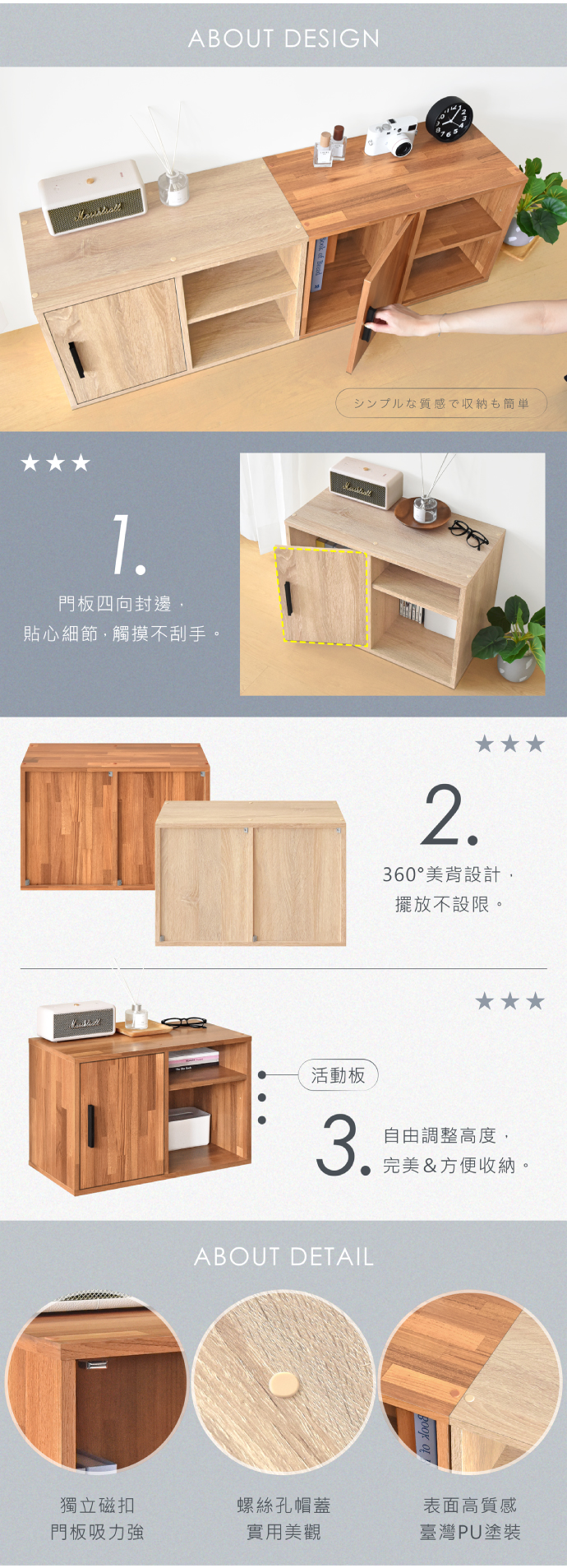 ABOUT DESIGN門板四向封邊貼心細節觸摸不刮手シンプルな質感で収納も簡単2.360°美背設計,擺放不設限。活動板自由調整高度,3.完美&方便收納。ABOUT DETAIL獨立磁扣螺絲孔帽蓋表面高質感門板吸力強實用美觀臺灣PU塗裝