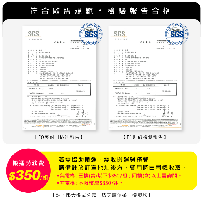 符合歐盟規範檢驗報告合格試驗報告SGSSGSSGS ®試驗報告 【美耐皿檢測報告】【E1貼紙檢測報告】若需協助搬運需收搬運勞務費,搬運勞務費$350/請備註於訂單地址後方,費用將由司機收取。無電梯:三樓(含)以下$350/組;四樓(含)以上需詢問。有電梯:不限樓層$350/組。【註:限大樓或公寓,透天厝無搬上樓服務】